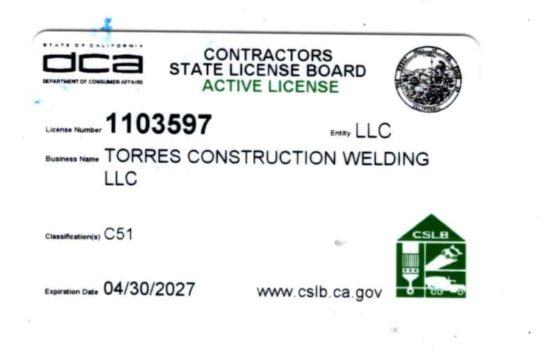 Contractors State License Board (CSLB) active license for Torres Construction Welding LLC
